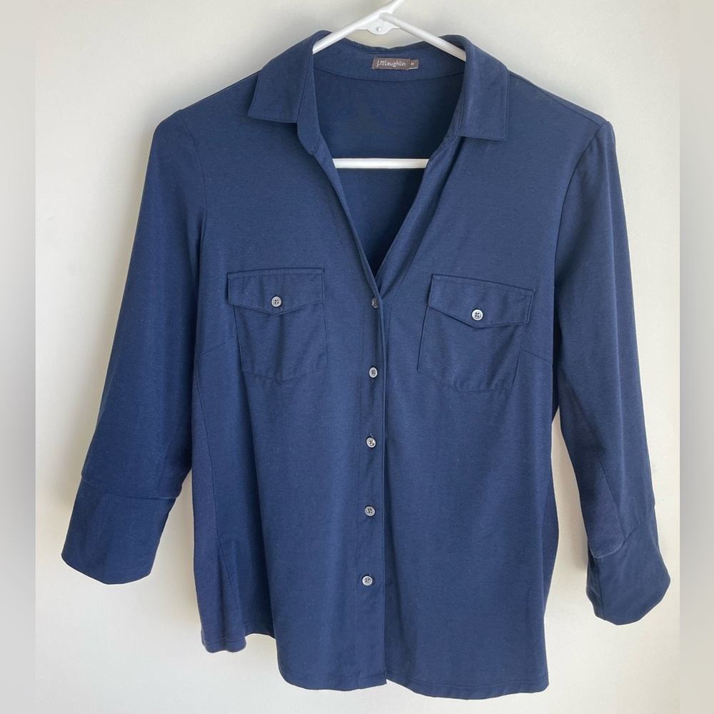 J MCLAUGHLIN Womens jersey Knit Button Front 3/4 Sleeve Blouse Navy Blue Size M